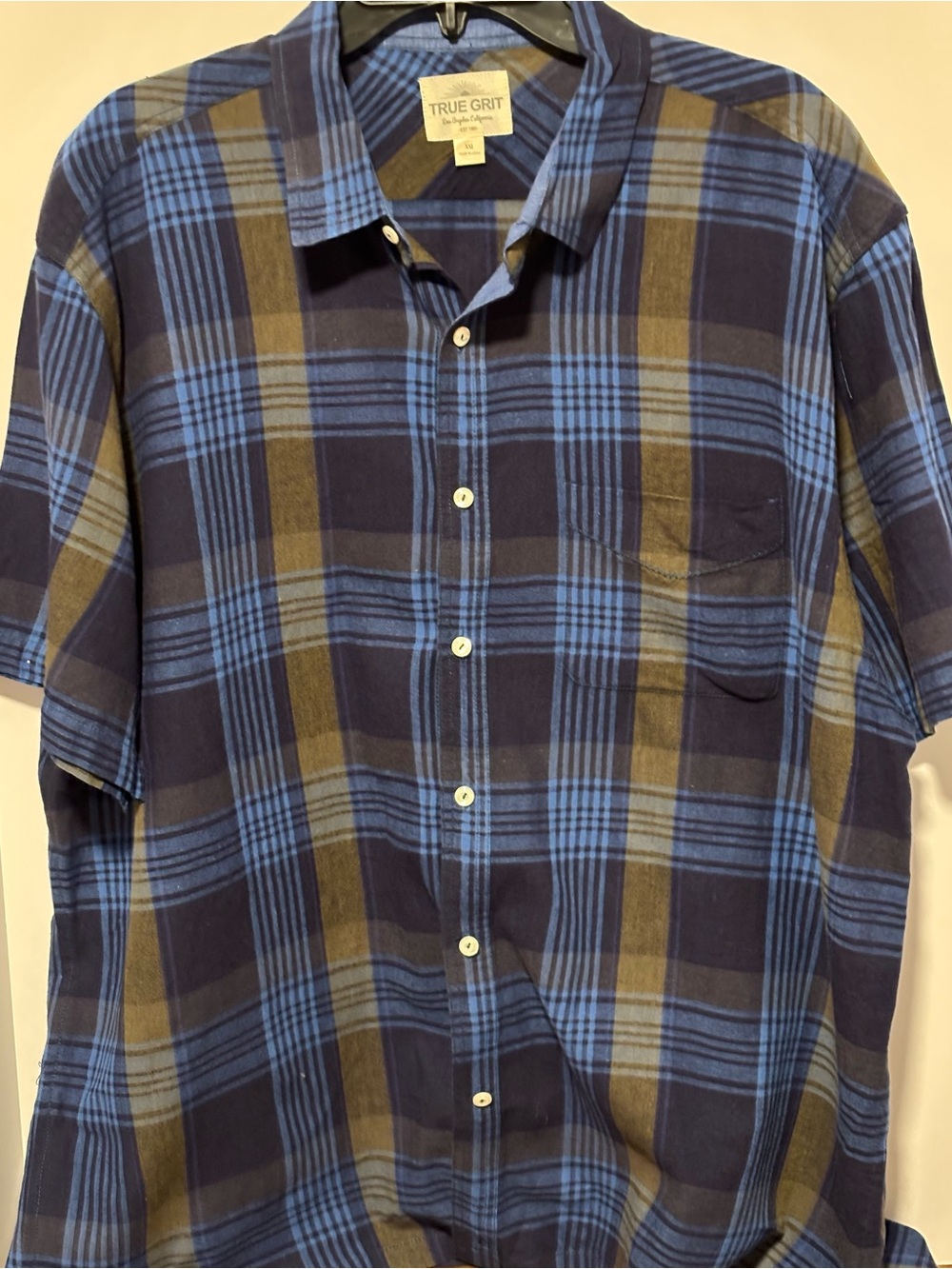 True Grit Blue and Brown Plaid Short-Sleeve Button-Down Shirt